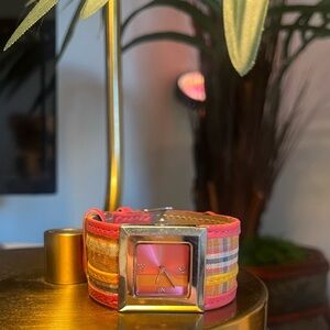 Vintage Mudd Square Face Watch - Colorful Plaid Strap & Pink Dial